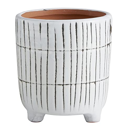 Creative Brands 47th & Main Modern and Contemporary Footed White Terracotta Planter for Flowers Small Plants Succulents and More, 5.5" Tall, Stripes