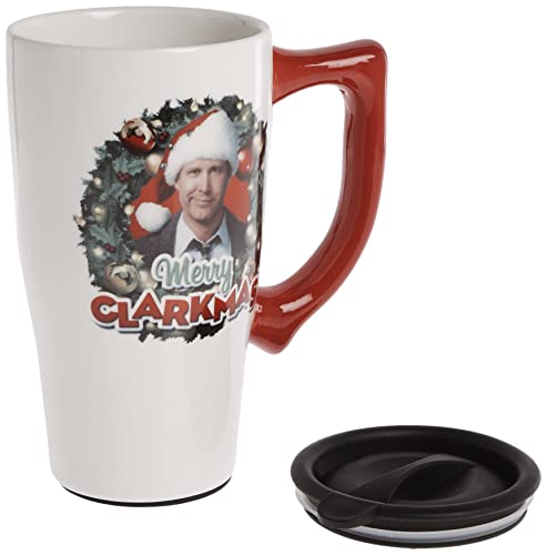 Spoontiques 12799 Merry Clarkmas Ceramic Travel Mug, 18 ounces, White