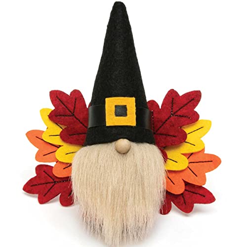 MeraVic Gobble Gobble Gnome with Buckle Hat, Wood Nose, Beige Beard, Red, Orange and Yellow Leaf Feathers, 6 Inches - Fall Decoration