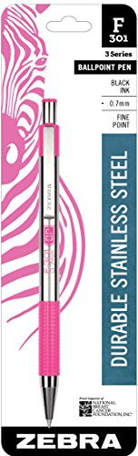 Zebra Pen F-301 Retractable Ballpoint Pen, Stainless Steel Barrel with BCA Pink Accents, Fine Point, 0.7mm, Black Ink, 1-Pack