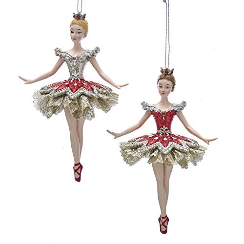 Kurt Adler Princess Ballerina 6 Ornament (Silver & Red) Wearing A Ruby Dress with Ballet Shoes