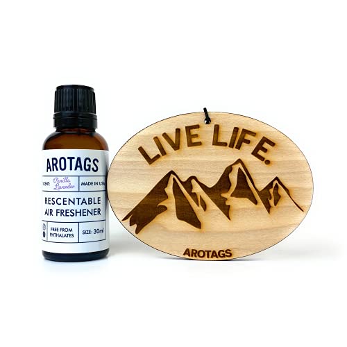 Arotags Wooden Car Air Fresheners - Long Lasting Vanilla Lavender Scent Diffuses for 365+ Days - Includes Mountain Adventurer Hanging Mirror Diffuser and Fragrance Oil - 100% American Made