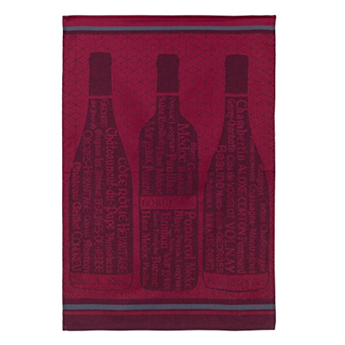 Coucke French Cotton Jacquard Towel, Bouteilles De Vin Bordeaux (Red Wine Bottle), 20-Inches by 30-Inches, Red
