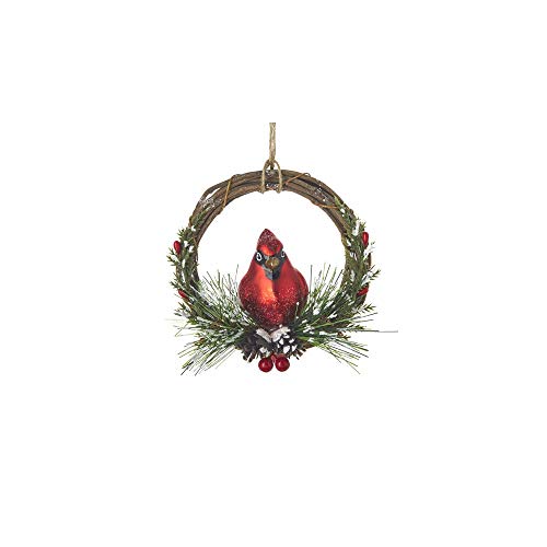 RAZ Imports 4152887 Cardinal on Wreath Ornament, 4.5-inch Diameter, Glass