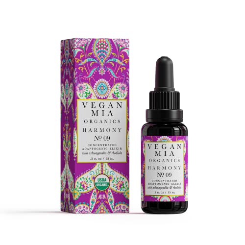 Vegan Mia Organics - Harmony Adaptogen Concentrated Face Oil Serum - with Licorice Root, Ashwagandha & Rhodiola Infused in Argan, Jojoba & Marula Facial Oils Calm Redness, Nourish, Brighten & Hydrate for Naturally Glowing Skin, 0.5 fl oz