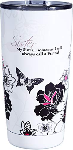 Pavilion - Sister - 20 Oz Floral Double-Walled Stainless Steel & Plastic Travel Coffee Cup Mug With BPA-Free Slide Open Lid