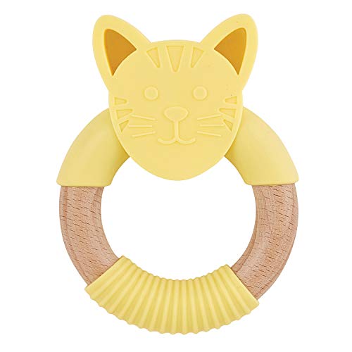 Creative Brands Stephan Baby Natural Beech Wood and Silicone Teething Ring, Yellow Cat