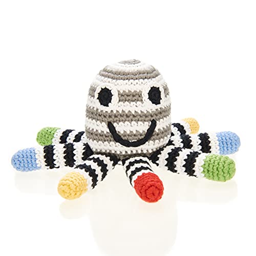 Pebble 200-099BW Fair Trade Hand Made Crochet Octopus Rattle - Black & White