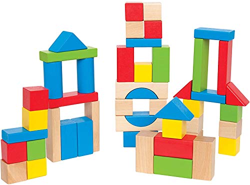 Maple Wood Kids Building Blocks by Hape | Stacking Wooden Block Educational Toy Set for Toddlers, 50 Brightly Colored Pieces in Assorted Shapes and Sizes