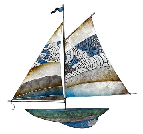 HS Seashells Metal & Capiz Shells Wall Decor, Waves Sail Sailboat wall Art 22x22", Nautical Capiz Art Decoration
