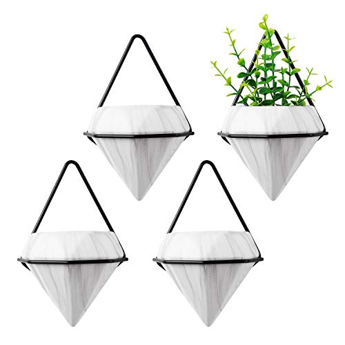 T4U Diamond Wall Planter Indoor, Set of 4 Geometric Wall Mounted Plant Holder Vase, Ceramic Succulent Air Plant Flower Pots Cactus Faux Plants Containers, White Modern Decor for Home and Office