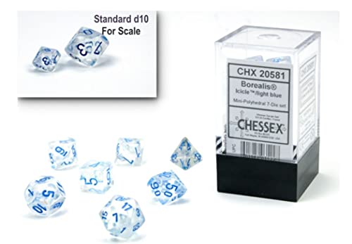 Chessex Dice Set ‚Äì 10mm Borealis Light Blue Luminary Polyhedral Dice Set ‚Äì Dungeons and Dragons D&D DND TTRPG Dice ‚Äì Includes 7 Dice - D4 D6 D8 D10 D12 D20 D%, (CHX20581)