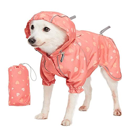 Blueberry Pet 14" Heart Prints Lightweight Reflective Waterproof Dog Raincoat with Hood & Harness Hole, Pink, Outdoor Rain Gear Jacket 2 Legs for Dogs
