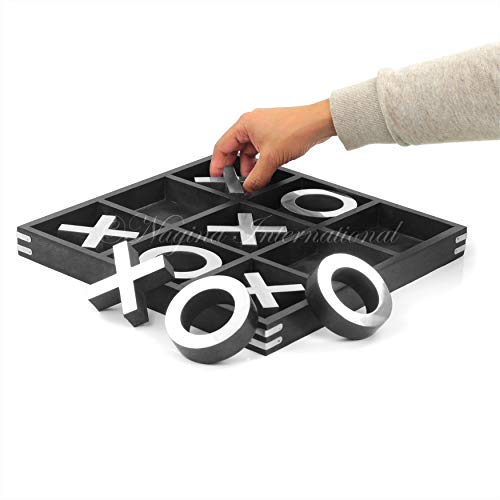 Nagina International 14" Large Elegant Premium Black Tic Tac Toe Board Game for Adults & Kids | Wooden Puzzle Game | Coffee Table Wooden Decor & Games with Nickel Sheathed Pieces