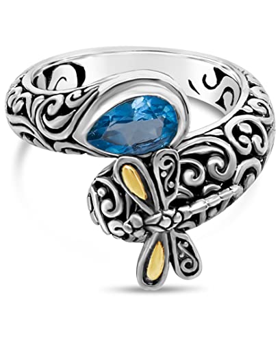 Sterling Silver 925 and 18K Gold with Swiss Blue Topaz Birthstone DEVATA Sweet Dragonfly Bali Filigree Bypass Ring SFM8537SW (Size 10)