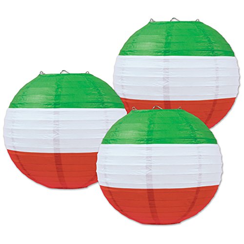 Beistle Multicolored Round Shaped Paper Lanterns, 9 1/2-Inch, Red/White/Green