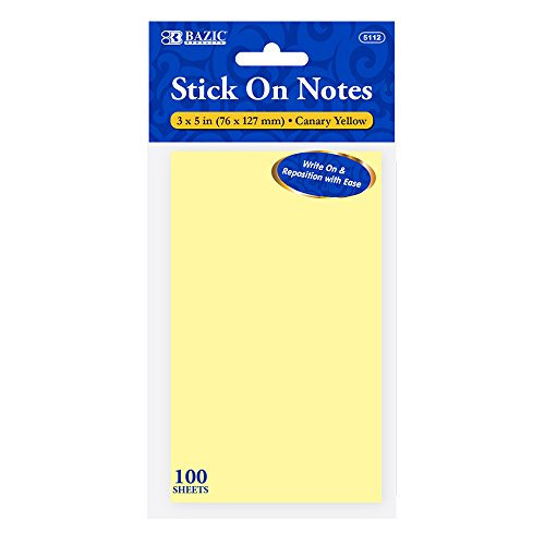 BAZIC Stick On Notes Sticky Note, Yellow, 3" x 5" (5112)