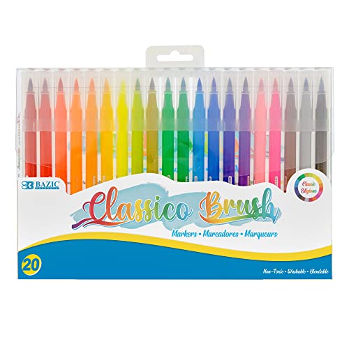 BAZIC Brush Markers 20 Colors, Fine Line Washable Coloring Marker, Non Toxic Art Supplies, Gift for Kids School (20/Pack), 1-Pack