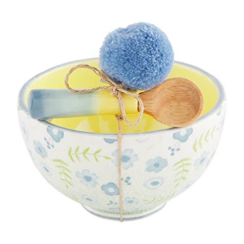 Mud Pie Floral Dip Dish Set, bowl 3" x 5"dia | spoon 1.2" x 4",Blue