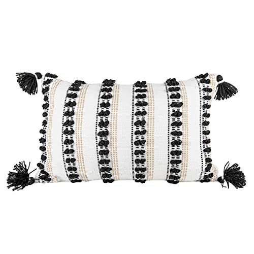 Foreside Home & Garden Black Tassels, Tan Striped 14X22 Hand Woven Filled Outdoor Pillow