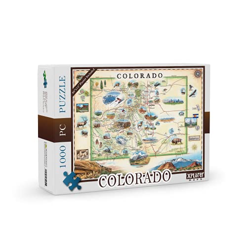 Xplorer Maps Colorado State Map Cardboard Jigsaw Puzzle - 1000 Pieces, Hand-Illustrated - Educational, Family Activity, Ages 7+, Includes Poster - 25.4 x 19.8