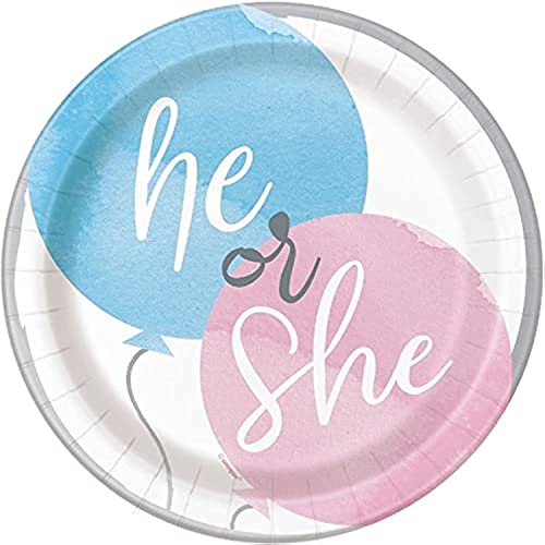 Unique Industries He or She Gender Reveal Round Dessert Plates I Disposable I Pink & Blue I 8 Pcs.