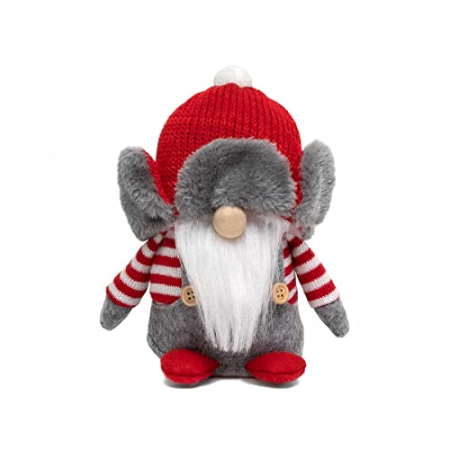 MeraVic Cousin Eddy Gnome with Red & Grey Flap Hat, Wood Nose, White Beard, Red & White Striped Shirt, Overalls with Buttons, Arms and Feet Small, 6.5 Inches - Christmas Decoration