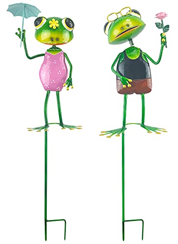 Red Carpet Studios Set of 2 Frog Couple Garden Stakes, 22-Inch, Umbrella & Flower