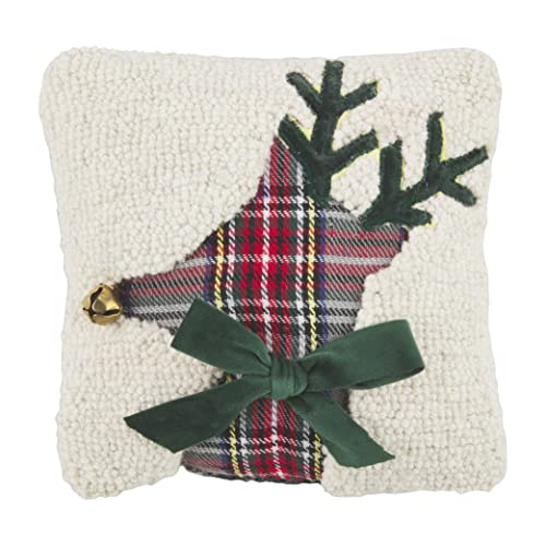 Mud Pie Christmas Mini Hook Wool Pillow, 8" x 8", Reindeer 102 Count
