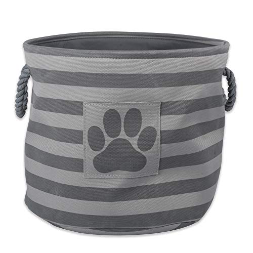 DII Design Bone Dry Stripes with Paw Patch Collapsible Polyester Pet Storage Bin, Round Small-12 x 12 x 9, Gray
