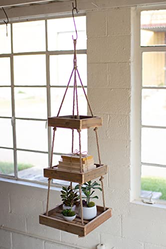 Kalalou CCHA1009 Hanging Three Tiered Square Recycled Wood Display with Jute Rope