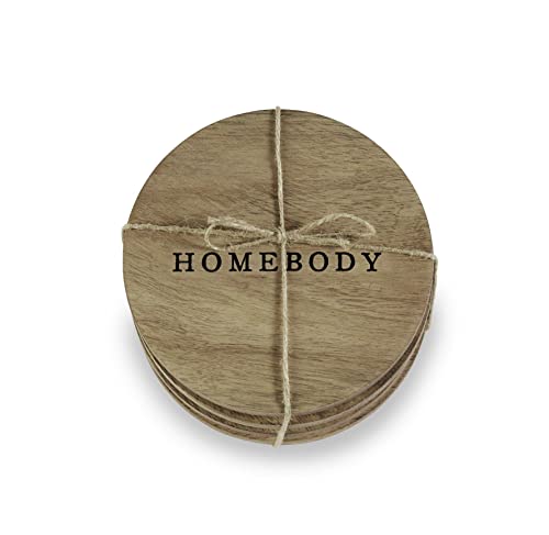 Mud Pie Happy Home Coaster Set of 4, 4" dia, Wood