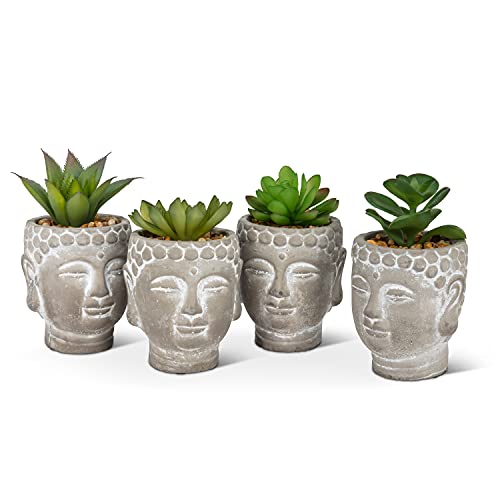 Abbott Collection  27-MOJAVE-20 Succulents in Buddha Head Pot. Set of 4, Green/Grey