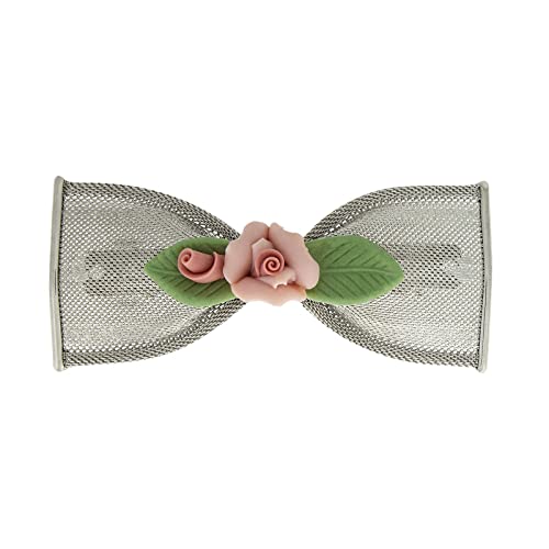 1928 Jewelry Women's Pink And Green Porcelain Flower Mesh Bow Hair Barrette, (1 Pcs)