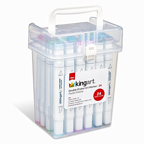 KINGART, Pastel Color Palette, Chisel & Fine Tip, Alcohol-Based Ink, Storage Case Double-Ended Sketch Markers, Assorted 24 Piece, (424-24B)