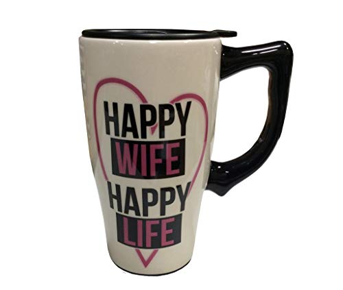 Spoontiques 12802 Wife Happy Life Ceramic Travel Mug, White/Black/Hot Pink