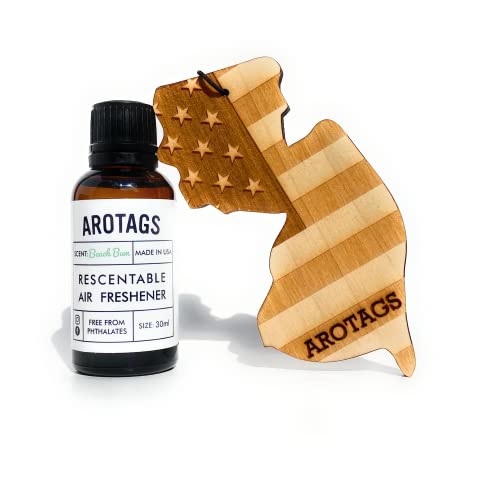 Arotags New Jersey Patriot Wooden Car Air Freshener - Long Lasting Beach Bum Scent Diffuses for 365+ Days - Includes Hanging Mirror Diffuser and Fragrance Oil - 100% American Made
