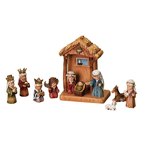 Roman WoodWorks 11-Piece Nativity Set Featuring Children as The Holy Family an Angel, a Shepherd with Sheep and 3 Kings, 8-Inch (36144)