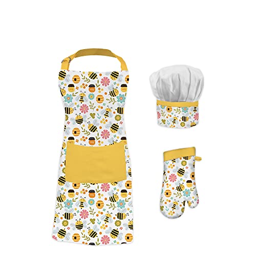 M√úkitchen Kids Apron Set | Oven Mitt, Chef‚Äôs Hat & 24" Kids Cooking Apron for The Kitchen, Chef Costumes & Crafts | 100% Cotton | Extra Long Ties at Neck & Waist | Machine Washable | Bees