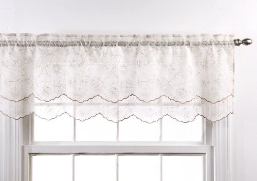 Belle Maison Stylemaster Renaissance Home Fashion Reese Embroidered Sheer Layered Scalloped Valance, 55-Inch by 17-Inch, Beige