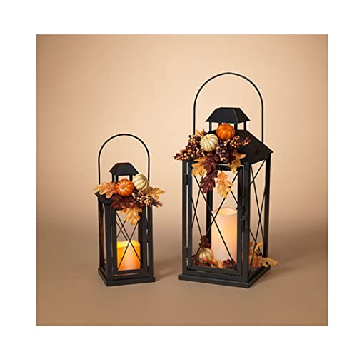 Gerson 2604420 Battery Operated Lighted Metal Lanterns with Harvest Floral and LED Candle with Timer, Set of 2