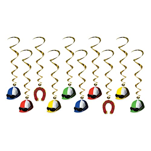 Beistle 10 Piece Derby Day Jockey Helmet Whirls Hanging Spirals for Horse Racing Party Decorations, 37", Multicolor