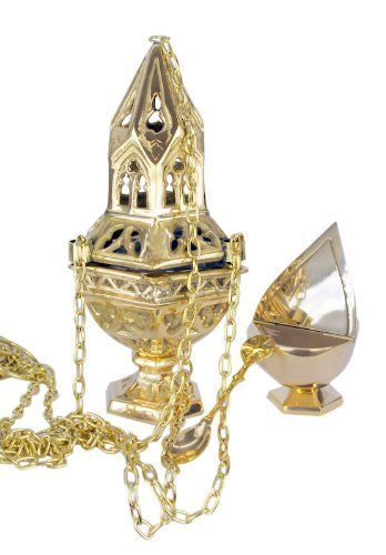 Christian Brands Autom Sacred Vessel 10" Brass Ornate Censer on 36" Chain with Incense Boat Set