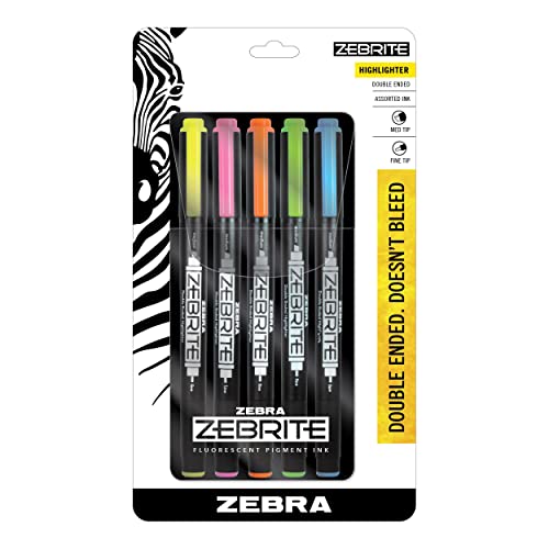 Zebra Pen Zebrite Double-Ended Highlighter, Medium Chisel Point and Fine Point, Assorted Colors, 5-Count