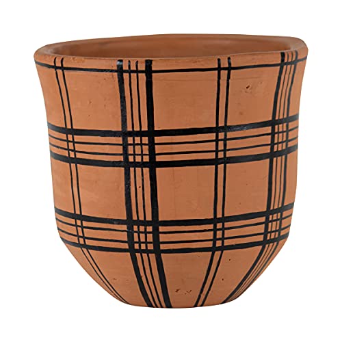 Foreside Home and Garden Natural Handthrown Terracotta Planter with Black Plaid Pattern