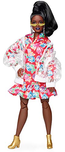 Mattel Barbie BMR1959 Fully Poseable Curvy Fashion Doll, Brunette, in Clear Vinyl Bomber Jacket and Floral Hoodie Dress, with Accessories and Doll Stand