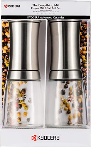 Kyocera 2-Piece Pepper, Salt, Seed and Spice Everything Mill Set with Adjustable Advanced Ceramic Grinder, Stainless Steel