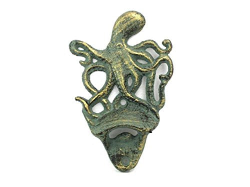 Hampton Iron Antique Bronze Wall Mounted Octopus Bottle Opener 6"-Vintage Cast Iron Decor-Sea Life
