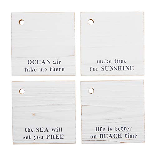 Mud Pie Wood Coasters with Oyster,  4" x 4", White