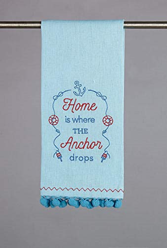 Peking Handicraft 04JES999C Home is Anchor Drops Pom Pom Kitchen Towel, 22-inch Length, Linen and Cotton